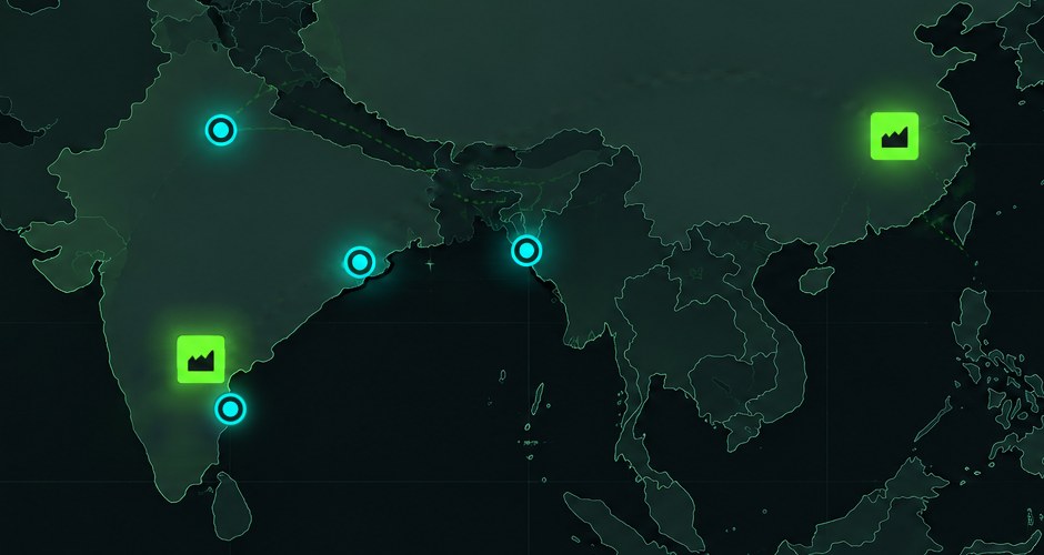 Map of India and China. Green factory icons mark Plant 01 in Andhra Pradesh, India, and Plant 02 in Qingyuan, Dongguan, Guangdong, China. Cyan pins mark the offices in Faridabad, Kolkata, Chennai and Dhaka, joined by a dashed route.