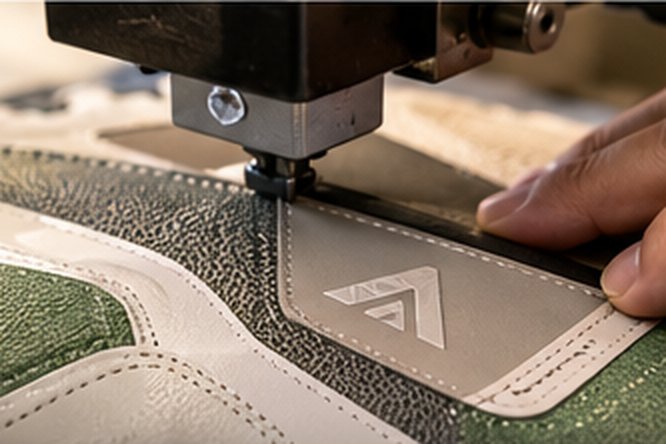 Branding overlay being applied to a closed upper