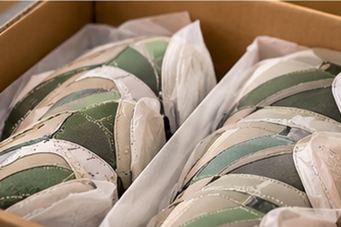 Paired uppers packed in tissue in a carton